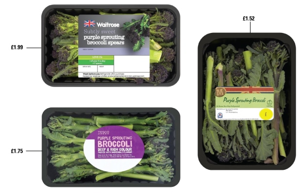 Purple Sprouting Broccoli in popular UK retailer packaging. The vegetable is vacuum sealed in black plastic trays.